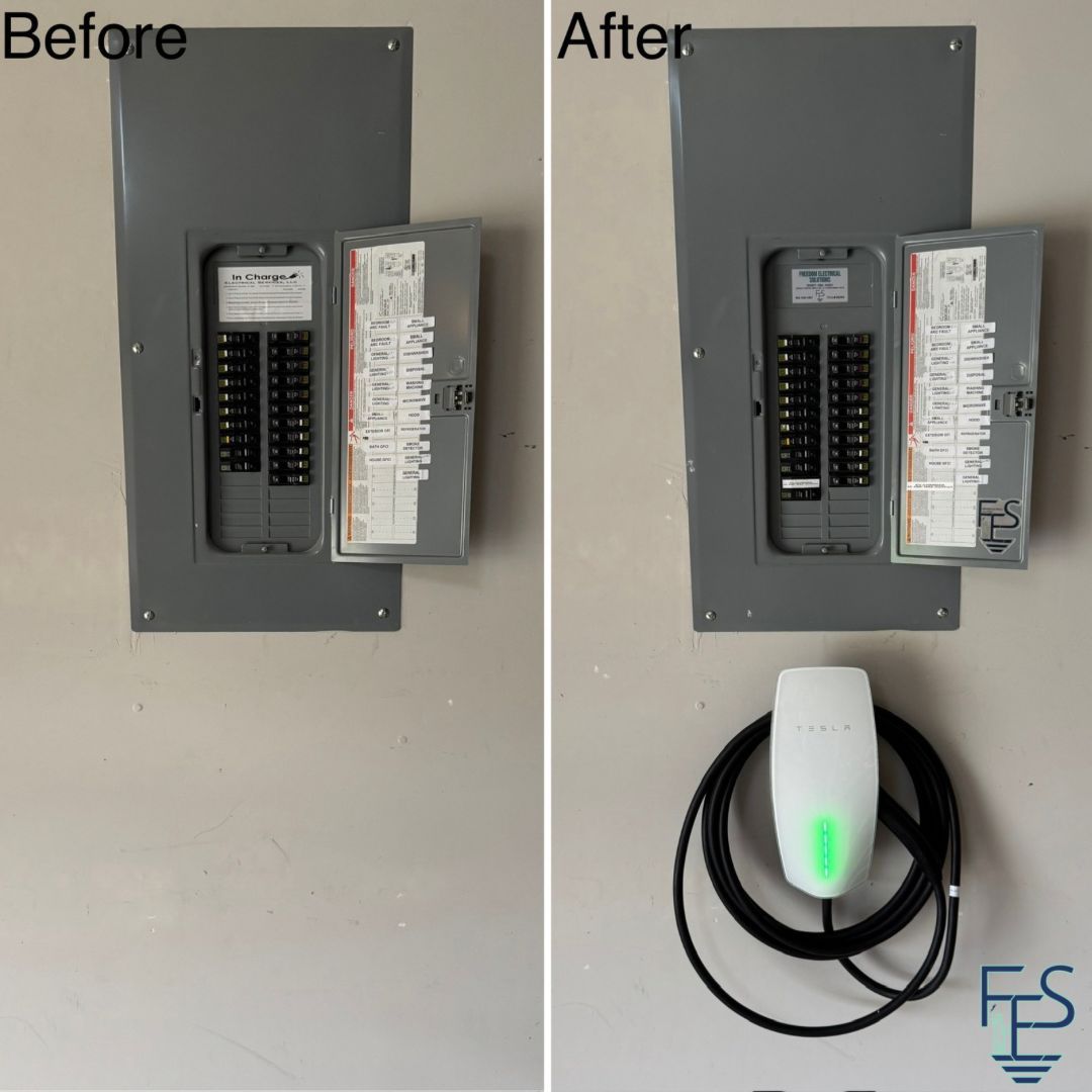Side-by-side comparison: electrical panel installation before and after. An EV charger is added below the 