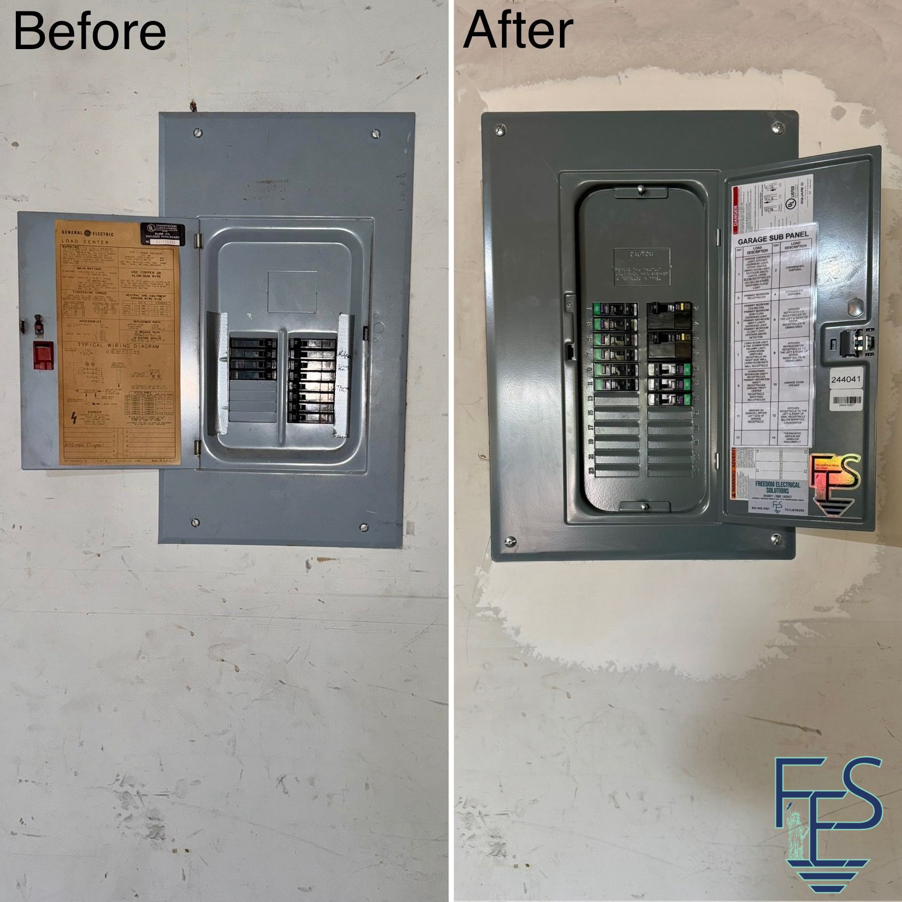 Two photos: Before and after of an electrical panel. New panel with white wall, open door, wires visible, old panel with open door.