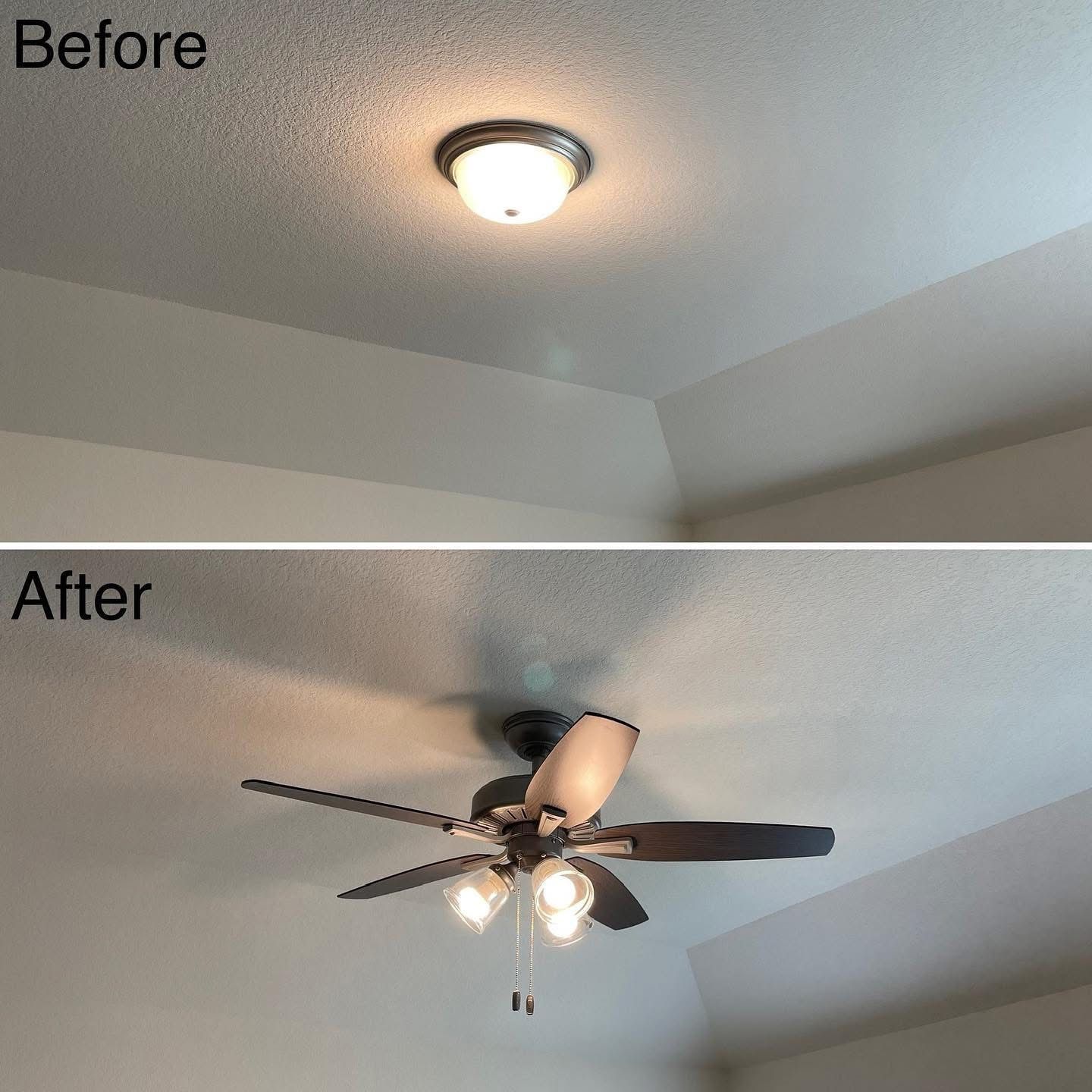 Before and after comparison of ceiling lighting. Top: a single light fixture. Bottom: a ceiling fan with lights.