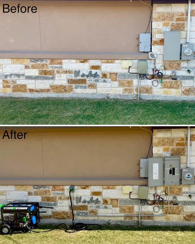 Before and after of a building wall. The after image shows a generator connected to the electrical system.
