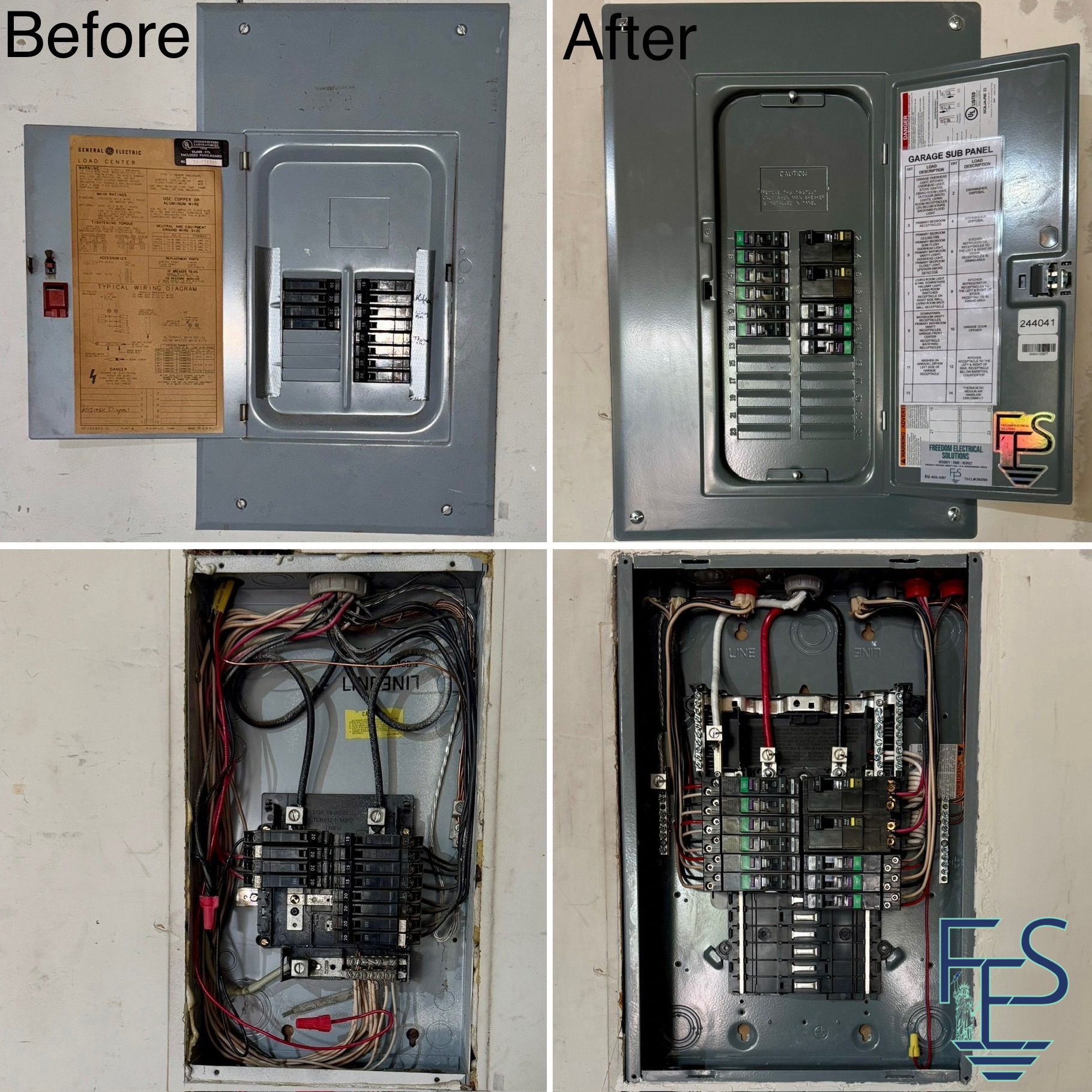 Before and after photos of an electrical panel upgrade. Wires are organized and labeled in the updated panel.