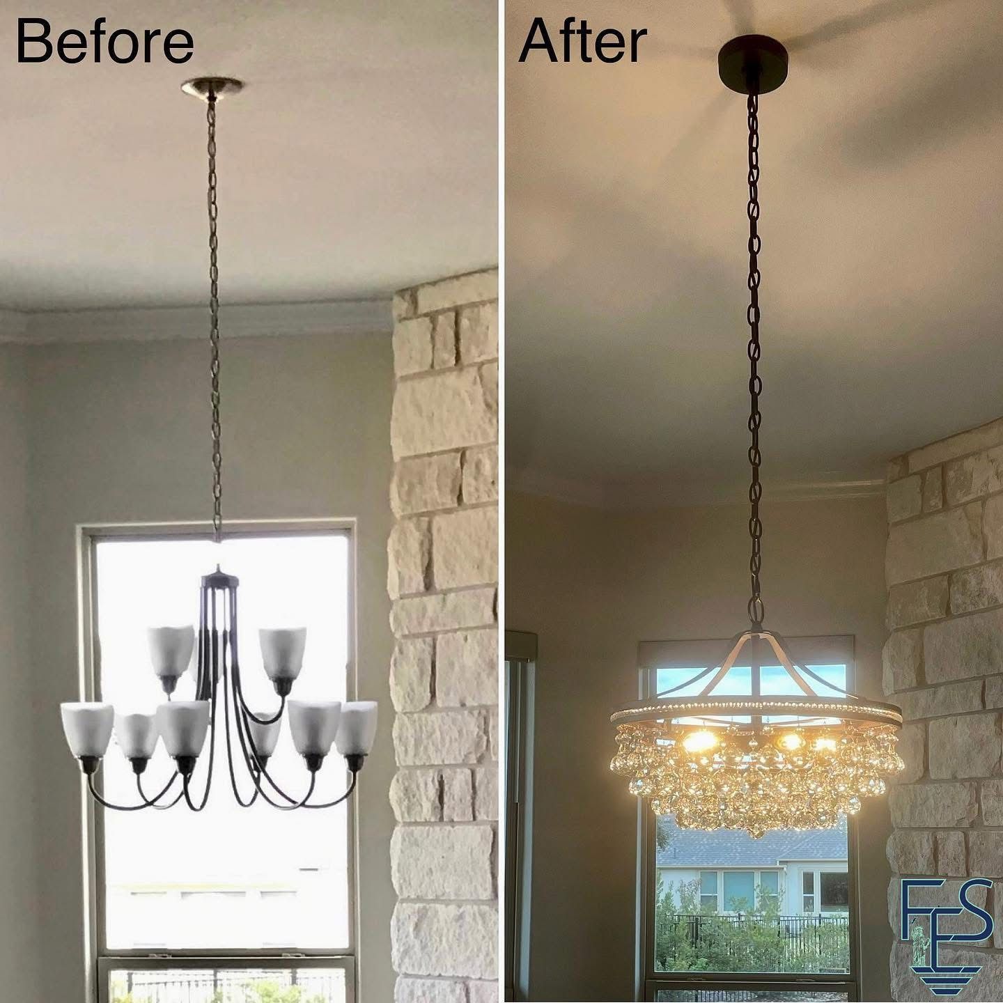 Chandelier comparison: Before, a dark metal fixture with glass shades. After, a crystal and metal chandelier.