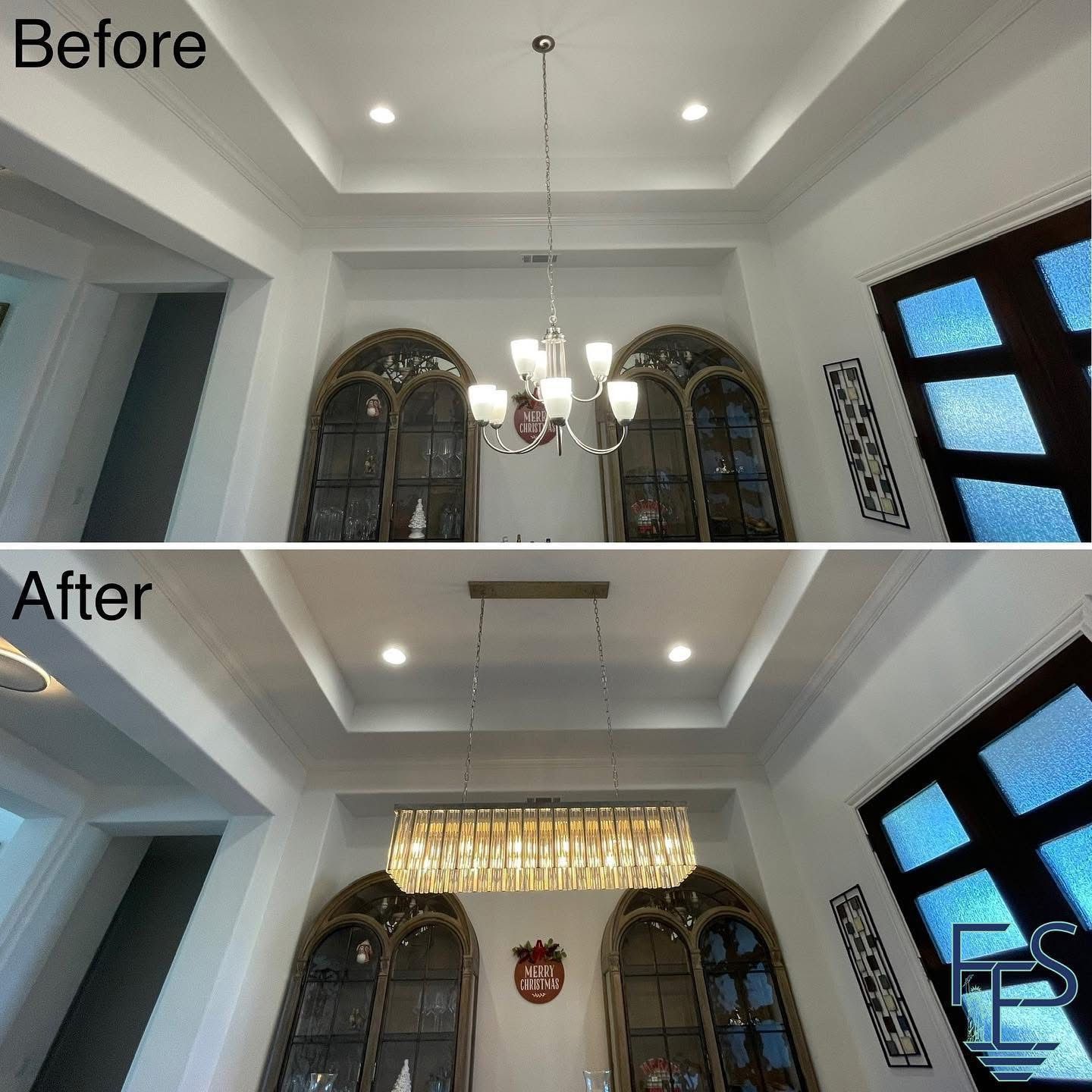 Before and after of a room with a chandelier change. The original is a chandelier, the updated is a rectangular light.