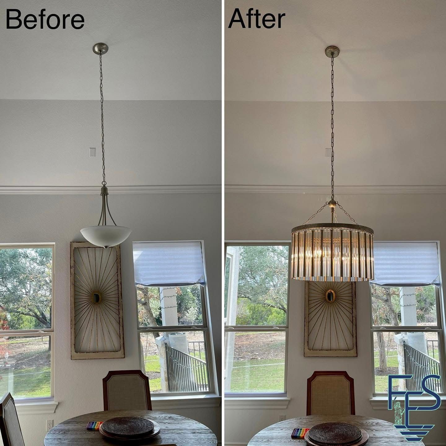 Comparison of a dining room with a pendant light, before and after a light fixture change.