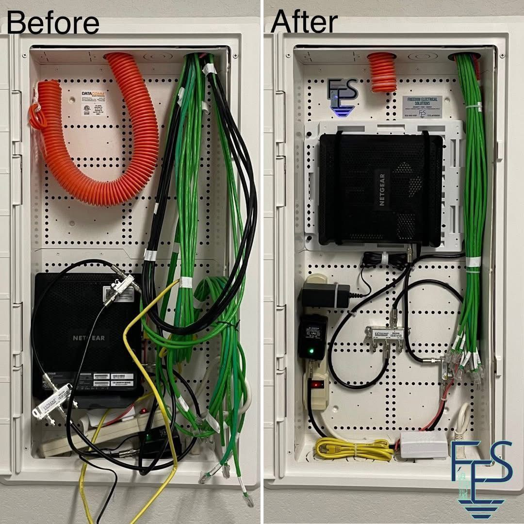 Before and after of a network box with tangled wires (before) and organized wiring (after).