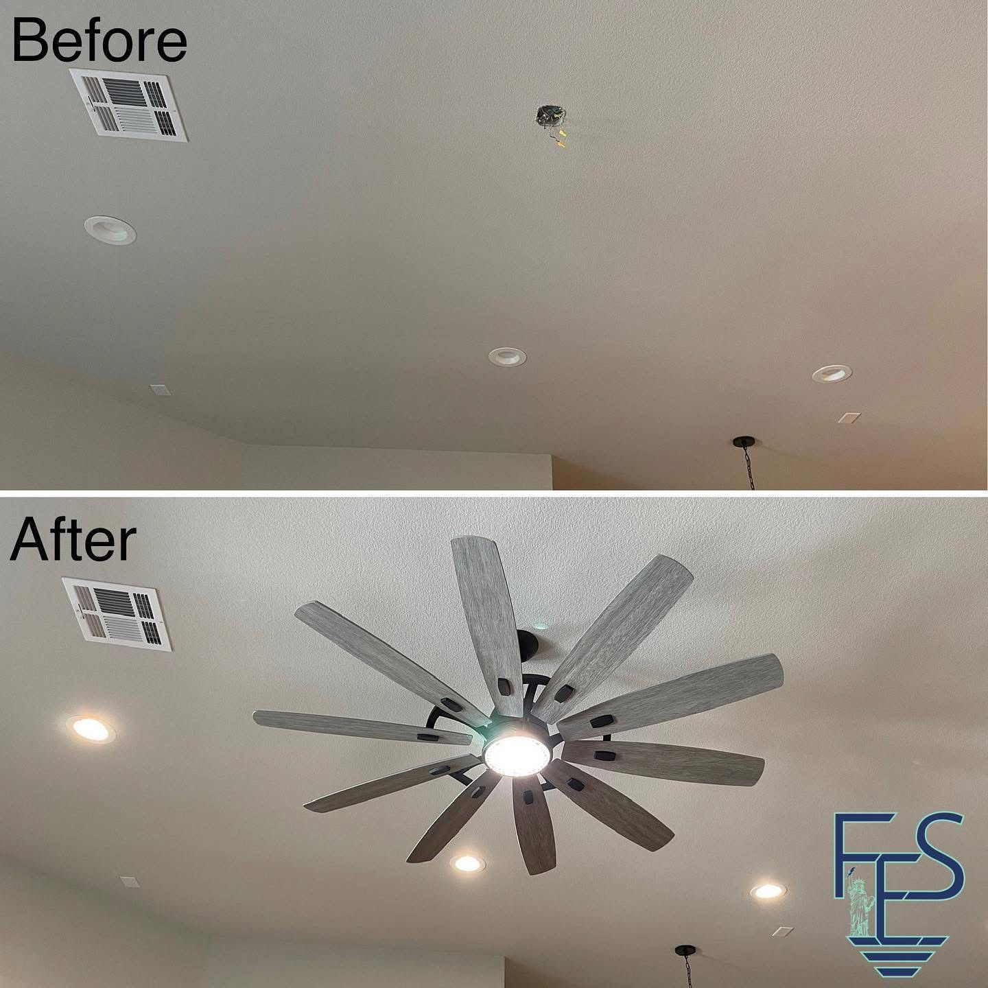 Comparison of a ceiling before and after a ceiling fan installation. White ceiling with recessed lights.