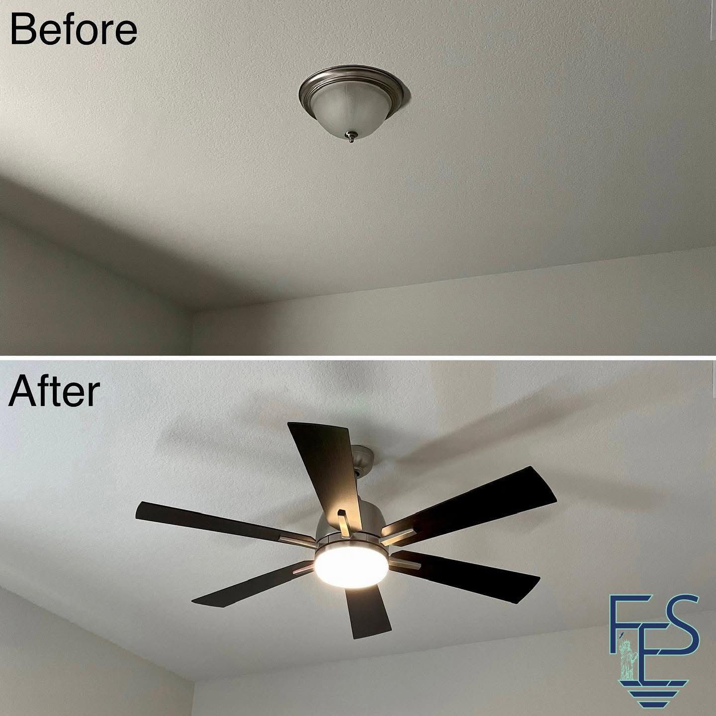 Before and after: Ceiling light replaced with a black ceiling fan with a light.