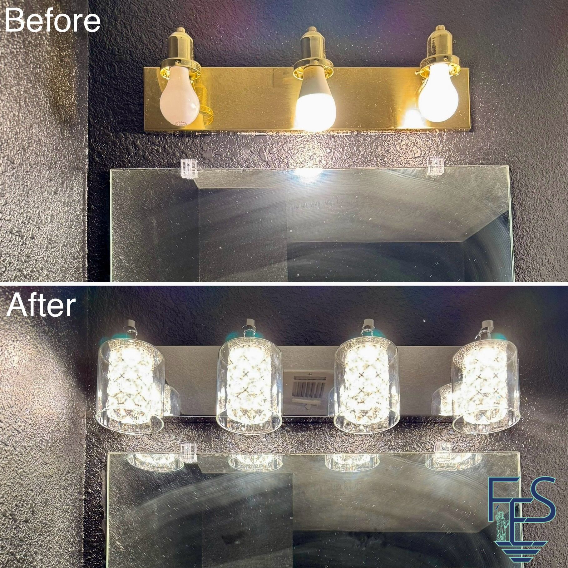 Comparison of a vanity light fixture: before with exposed bulbs, after with crystal shades, above a mirror.