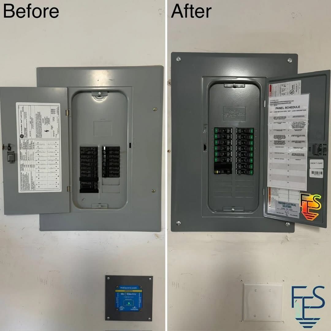 Side-by-side comparison: electrical panel before and after upgrades. Gray panel on a white wall.