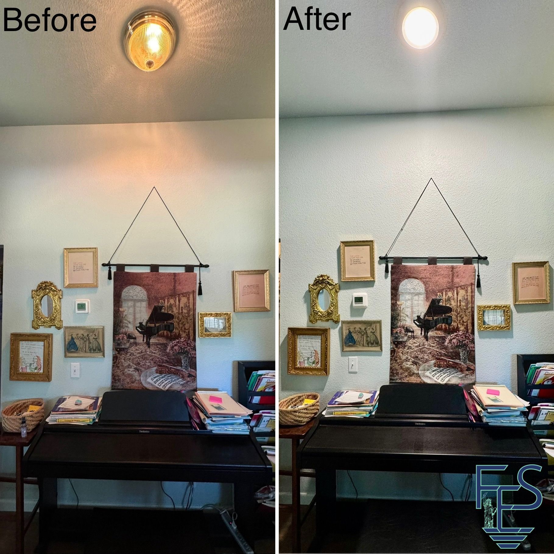 Room before and after lighting change, showing piano, artwork, and ceiling light.