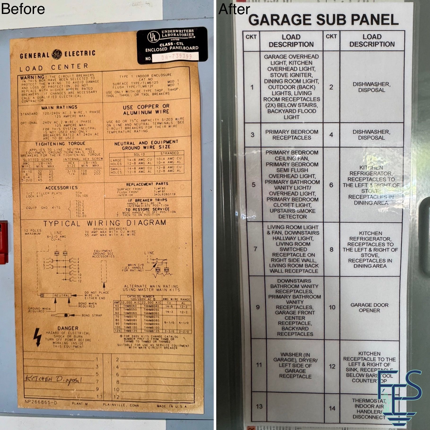 Comparison of an old electrical panel label (left) and a new, updated label (right), both in a garage setting.