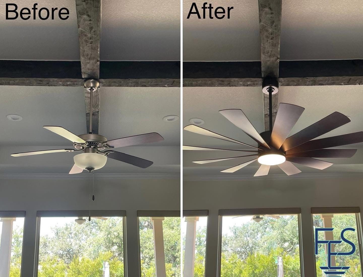 Before and after comparison of a ceiling fan replacement. The new fan has more blades and a light.