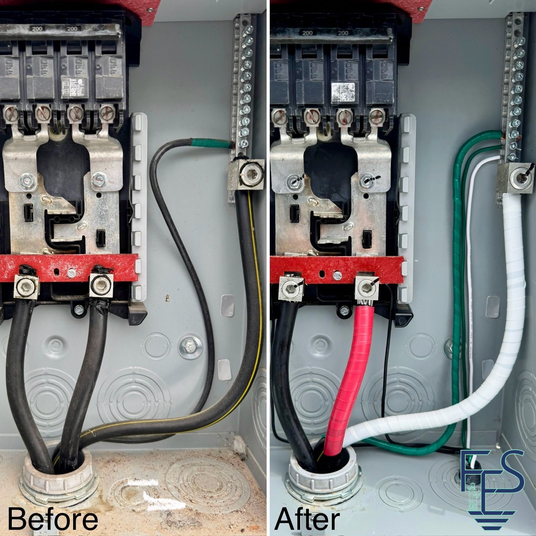 Before-and-after of electrical box wiring. Changed wires: black to red, green and white.