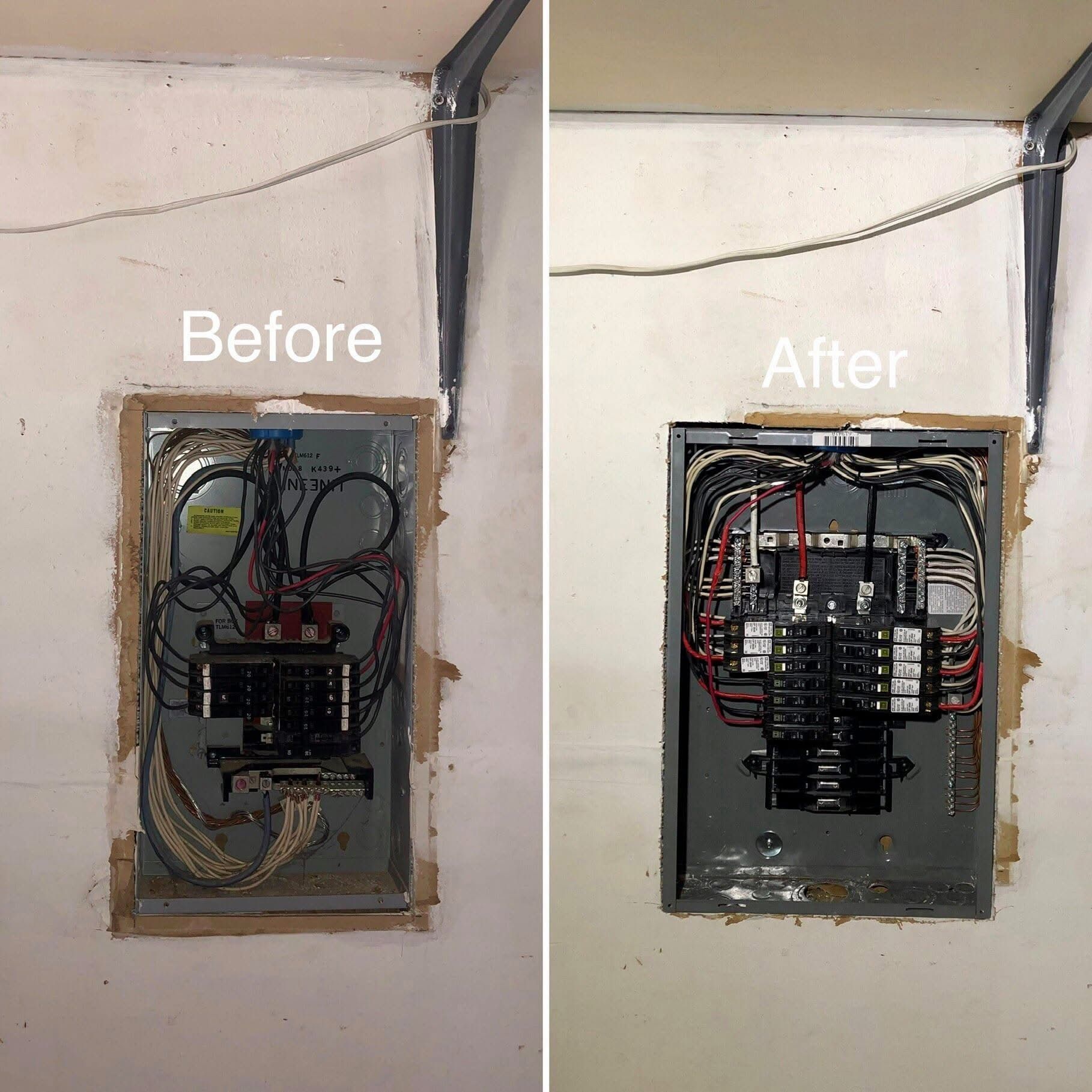 Before-and-after of electrical panel: wires, breakers, and conduits on a white wall. Left panel messy, right panel neatly organized.