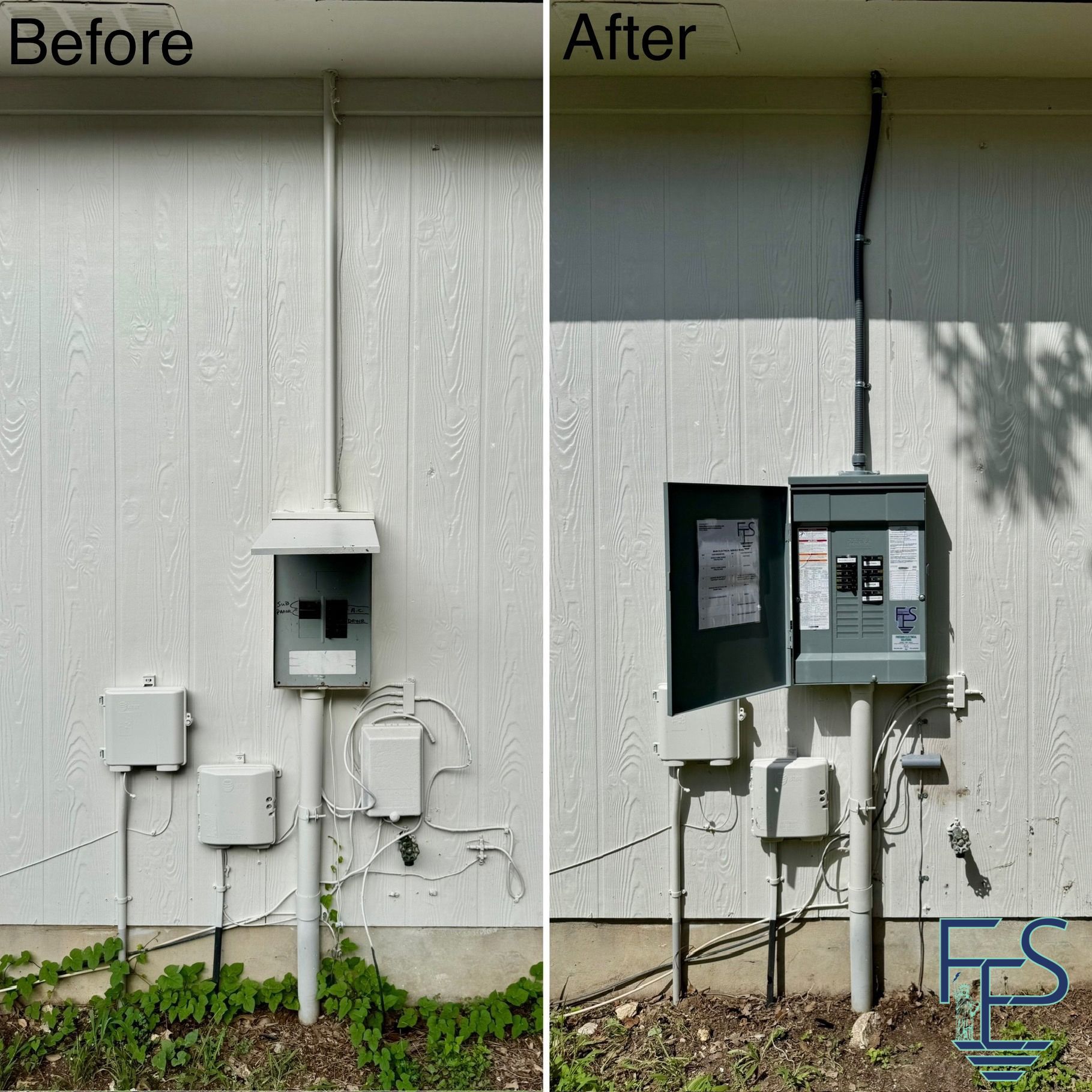Before and after of electrical panel upgrade on white siding. New panel is grey, old one is silver.
