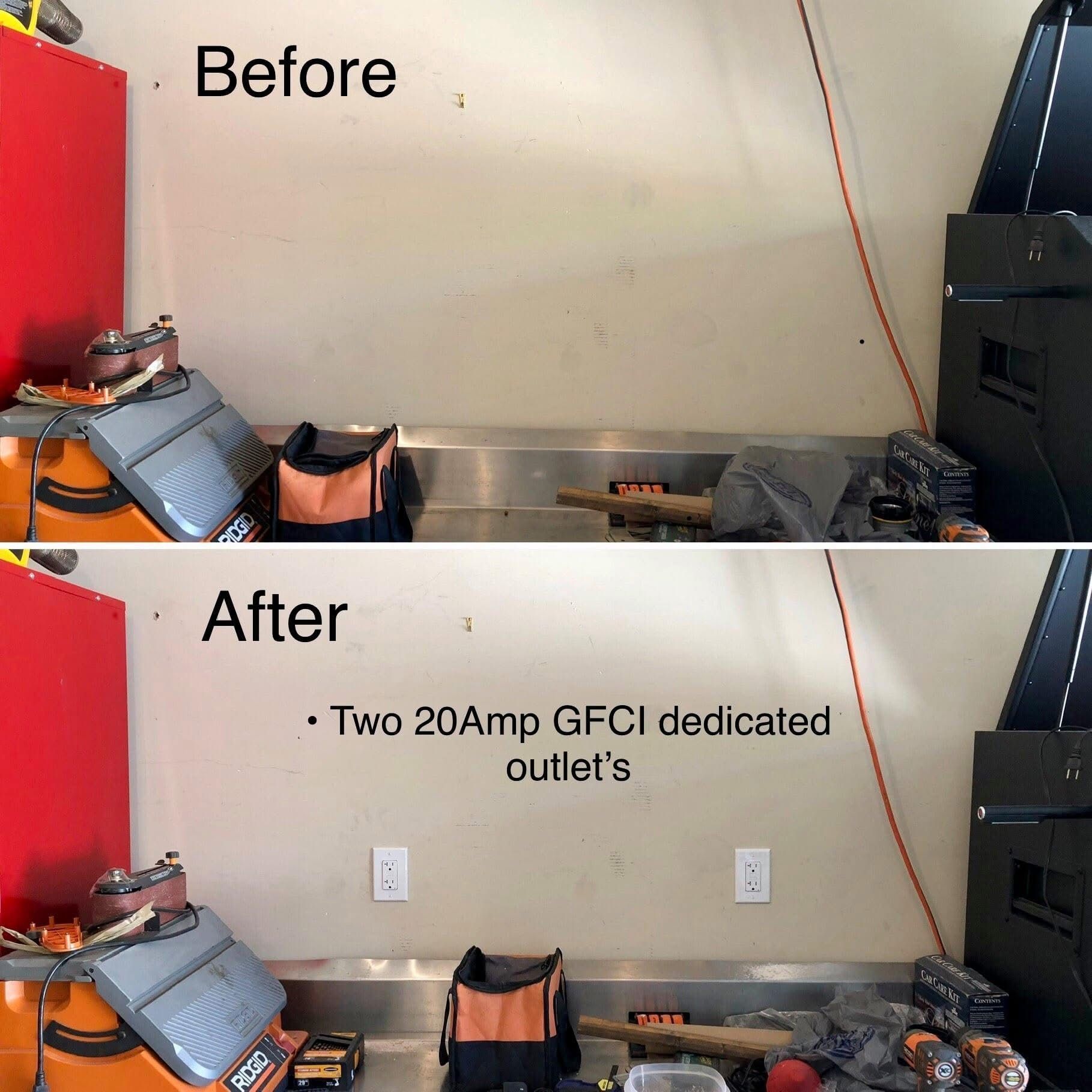 Before and after of a wall. After image shows two white 20A GFCI outlets.