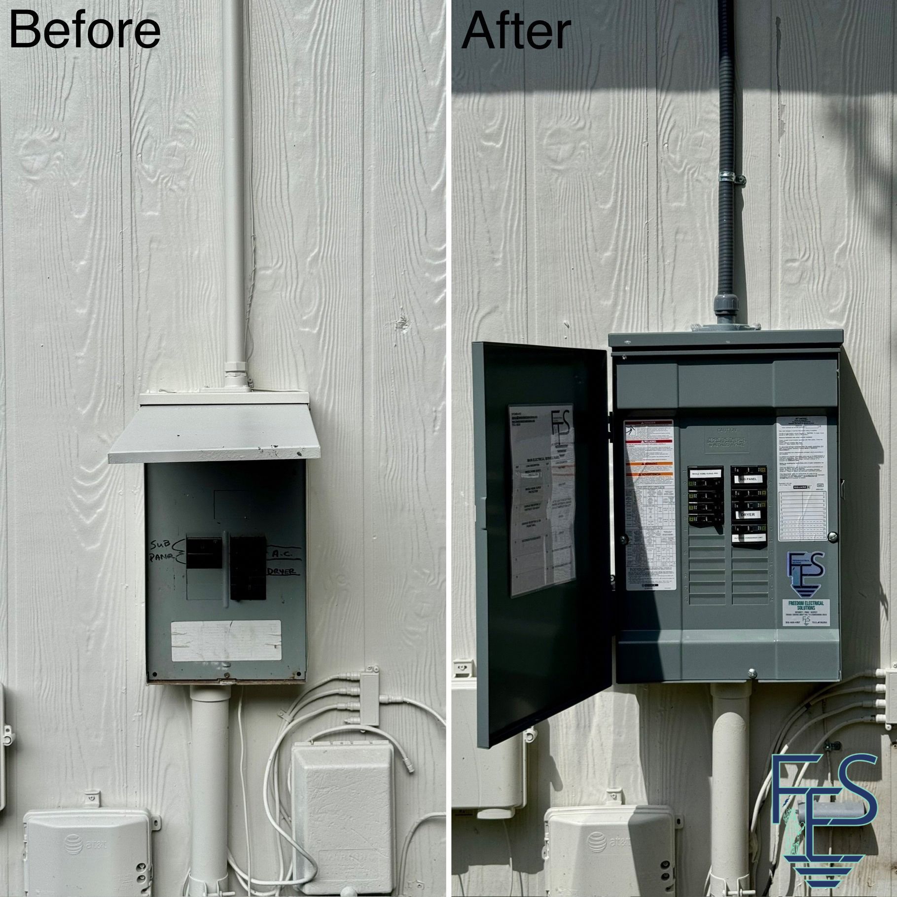 Before-and-after of a gray electrical panel on a white wall. The door is open on the 