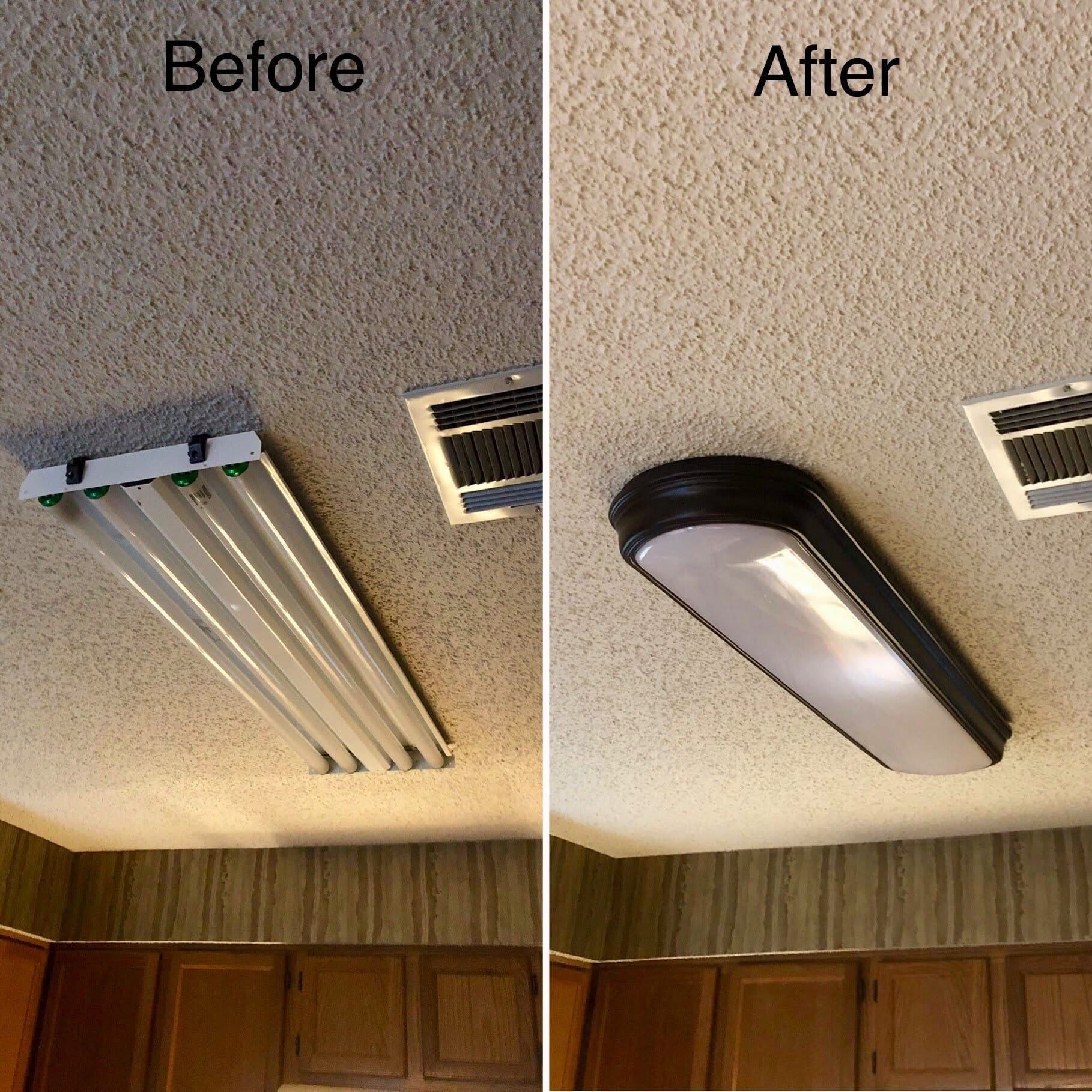 Before and after photos showing a fluorescent light replaced with a dark-framed, enclosed ceiling light.