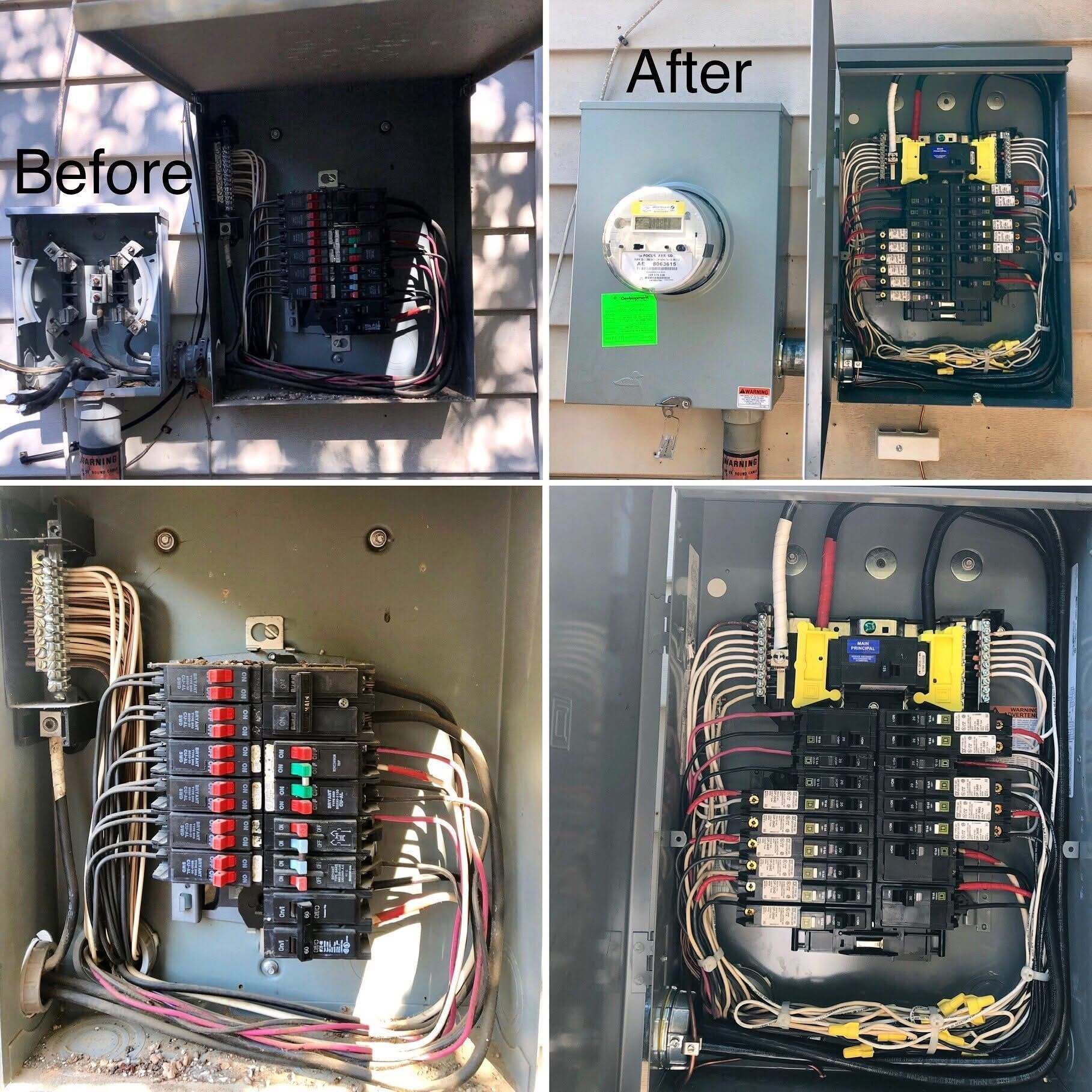 Before and after photos of an electrical panel upgrade. Old panel open, new panel closed with a meter.