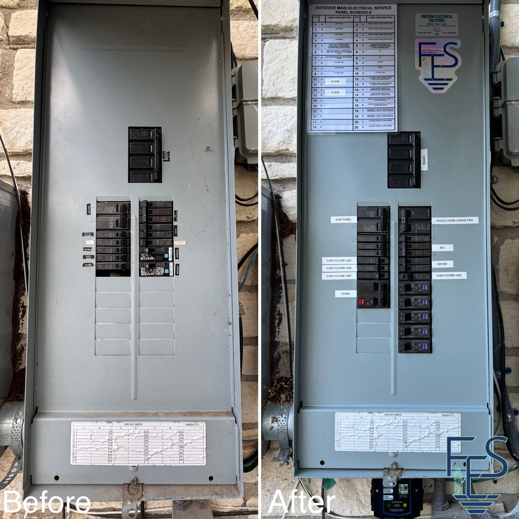 Before and after photos of an electrical panel. The “After” panel is cleaner with updated labels and the FES logo.