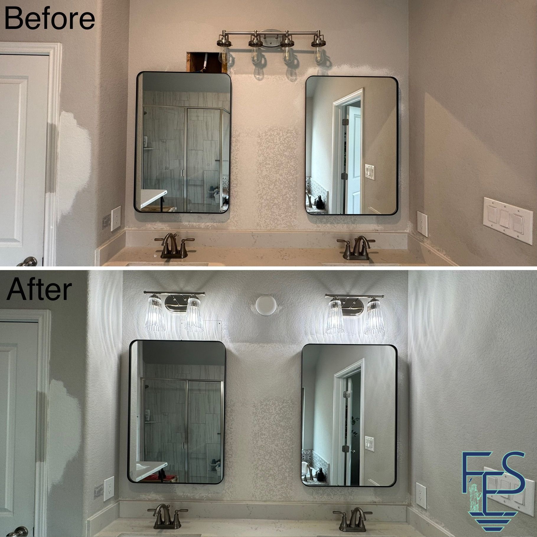 Bathroom before/after remodel: mirrors, fixtures, and lighting are updated on a textured wall.