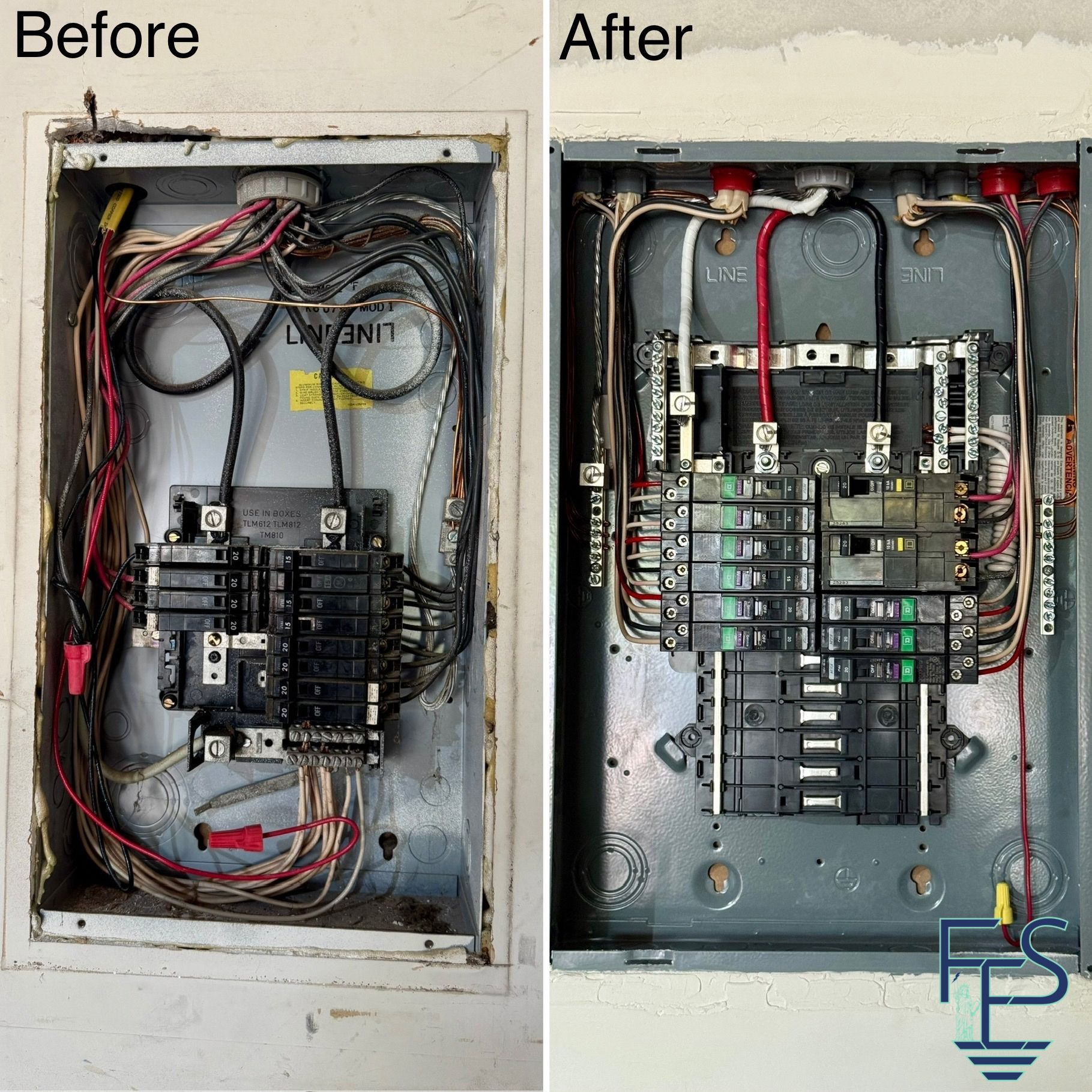 Before and after photos of an electrical panel. Before: tangled wires. After: neatly organized, new panel.