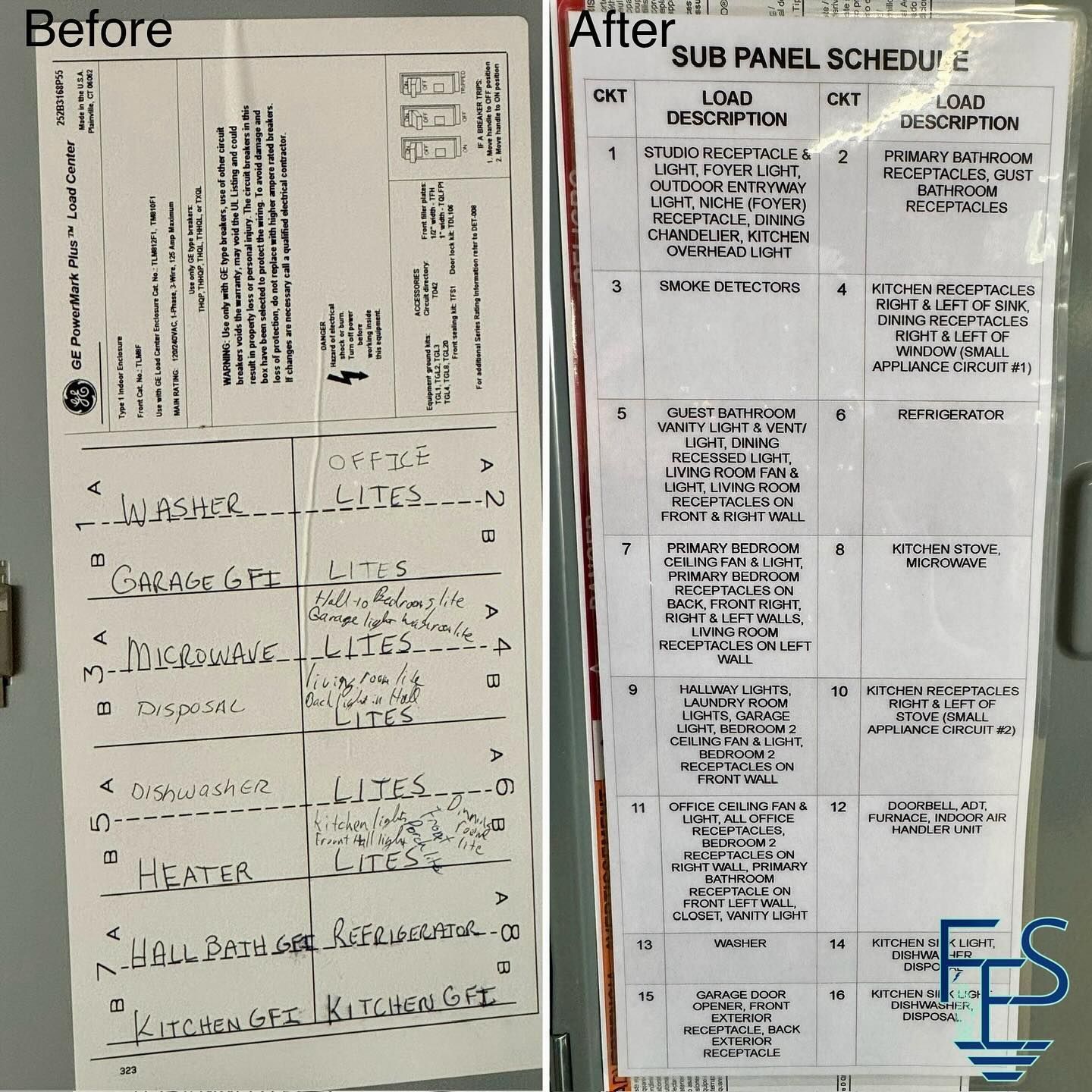 Side-by-side comparison of electrical panel labels; one handwritten, the other a clear, typed document.
