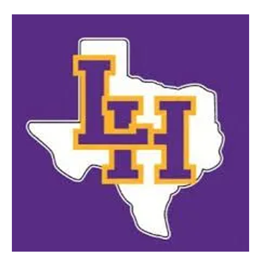 Purple background with white outline of Texas, gold 